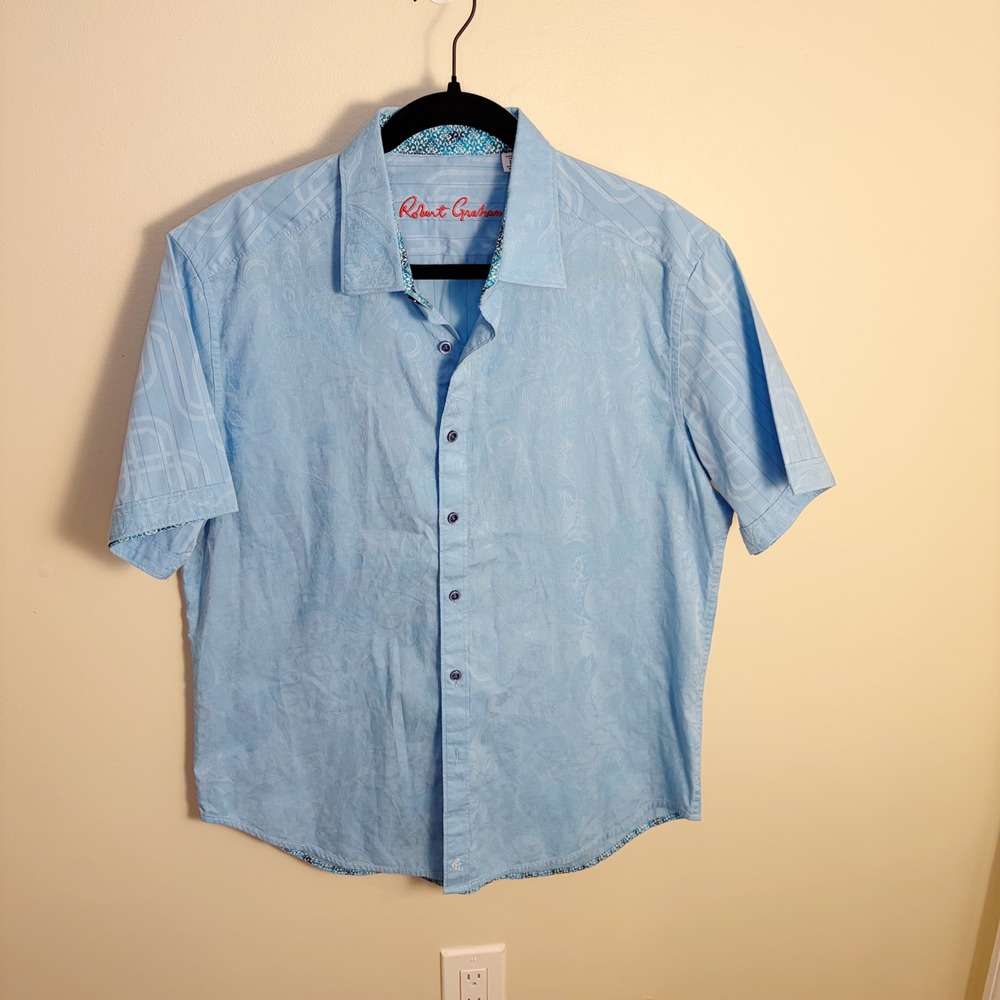 Robert Graham Shirt Mens L Blue Paisley Short Sleeve Classic Fit Jacquard Cotton - Picture 10 of 10